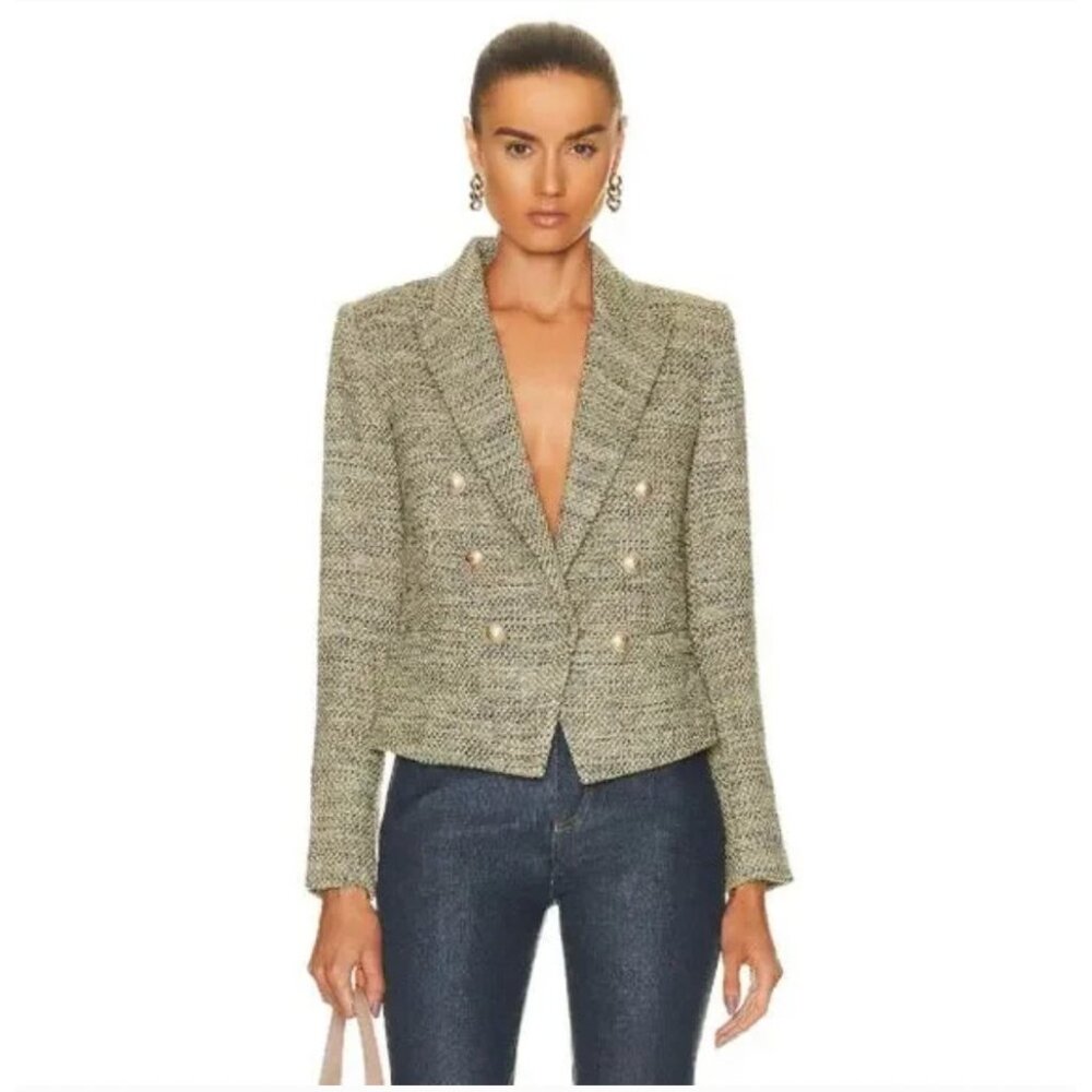 L'AGENCE Brooke Blazer Womens 16 Green Tweed Double Breasted Short Jacket
